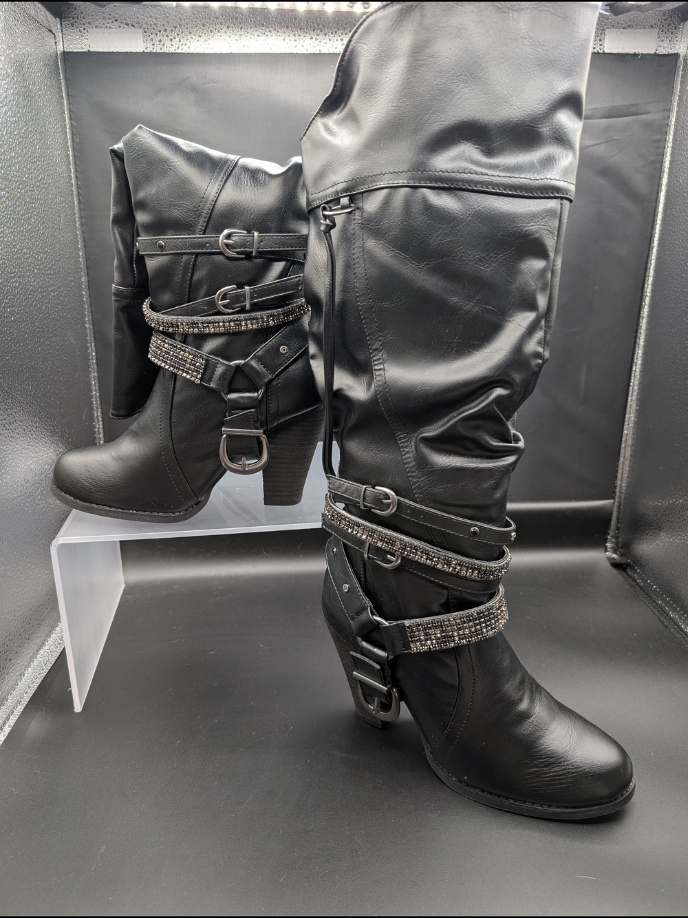 Not Rated "NWOT" Black Rhinestone Strap Mid-Calf Heeled Boots